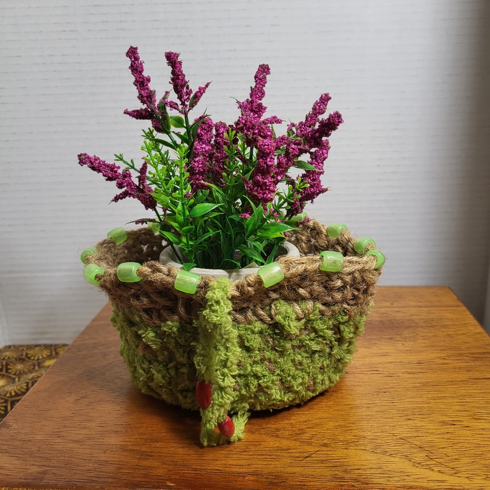 Hand Made Jute and Chenille Beaded Soft Sided Plant Basket Green and Taupe